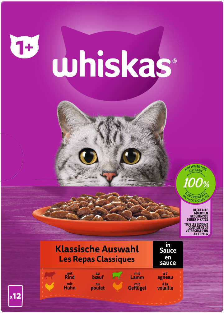 whiskas Katzen-Nassfutter Portionsbeutel Multipack 1+ Klassische Auswahl in Sauce 12 x 85g